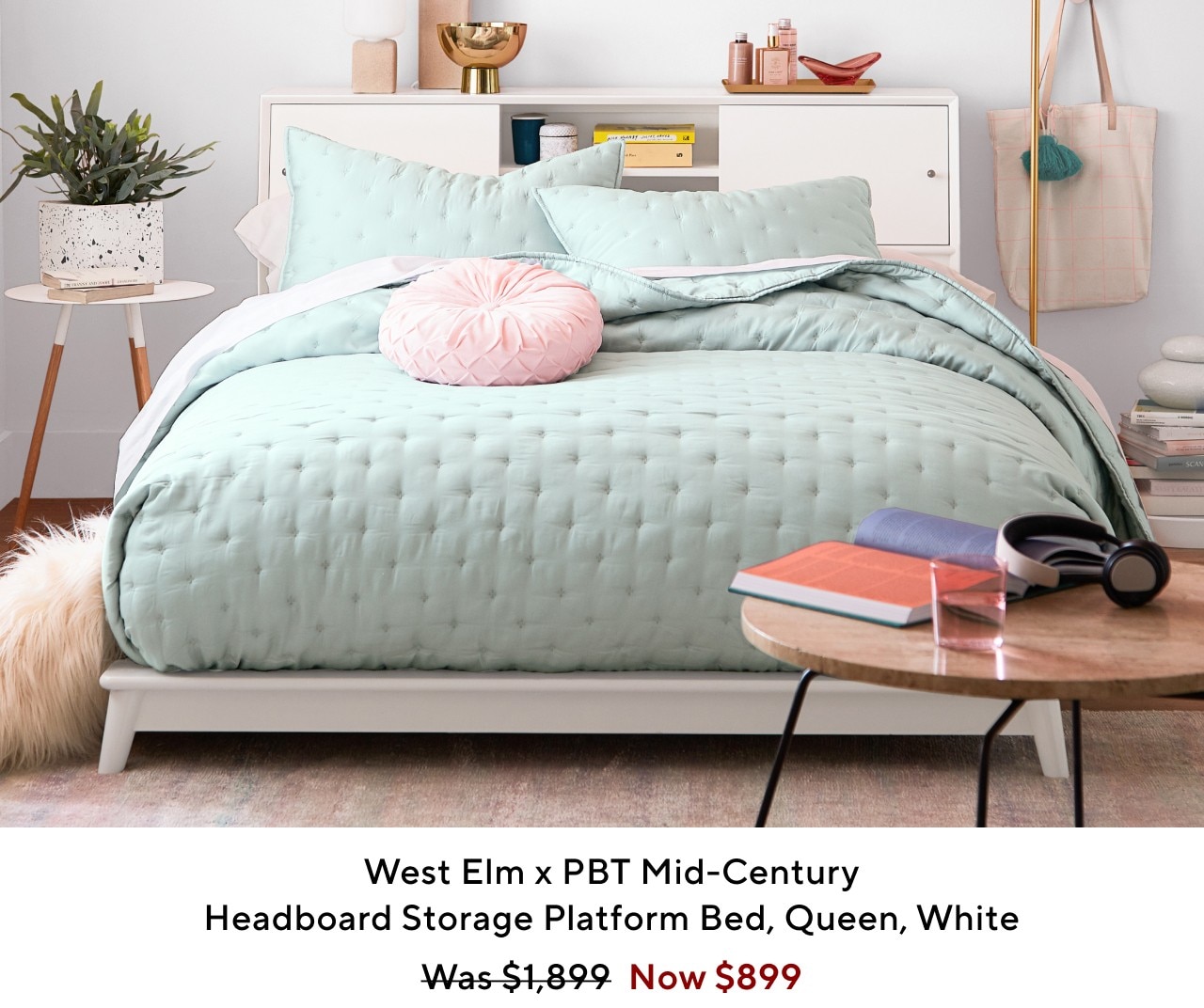  West Elm x PBT Mid-Century Headboard Storage Platform Bed, Queen, White Was-$1,.899 Now $899 