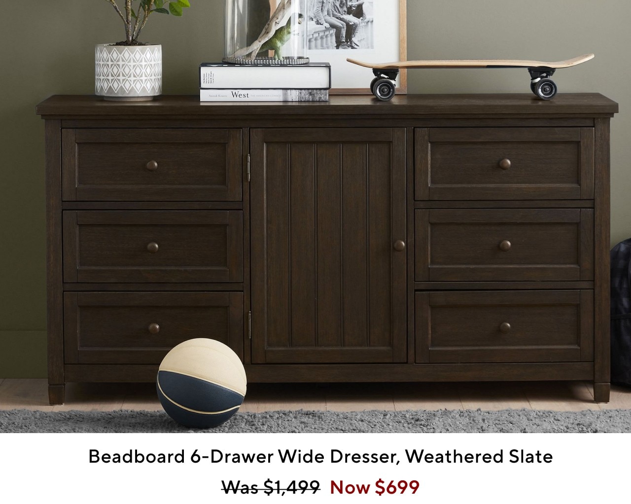 Beadboard 6-Drawer Wide Dresser, Weathered Slate Was-$1.499 Now $699 